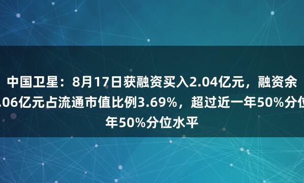 中国卫星：8月17日获融资买入2.04亿元，融资余额30.06亿元占流通市值比例3.69%，超过近一年50%分位水平